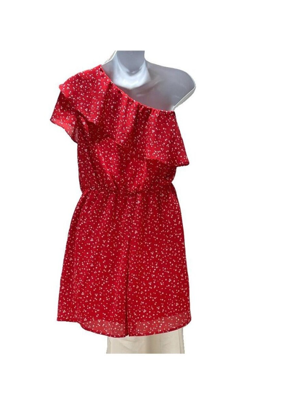 Everly Size M Red One Shoulder Polka Dot Romper - Picture 2 of 4